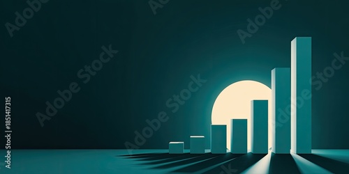 Minimalist bar chart graphic with a glowing orb and dramatic shadows