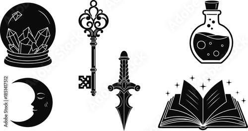 Mystical magic line icons of crystal ball, moon, potion, dagger, book, and key for fantasy, occult, and witchcraft themes