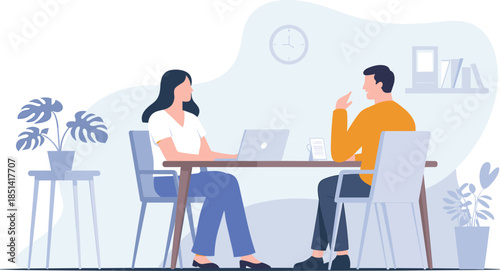 Office interview or business meeting between two professionals with laptop, paper, plants, and clock – workplace communication vector illustration