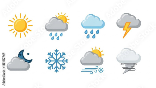 Collection of Weather Icons Sunshine, Rain, Snow, Storm, Clouds, and Wind