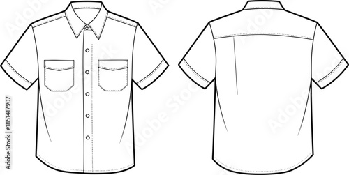 Men shirt technical flat, vector CAD drawing, fashion design template, short sleeve shirt sketch, apparel outline, garment blueprint, clothing vector illustration, 