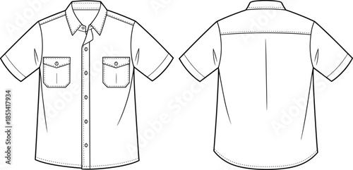 Men’s short sleeve button-up shirt technical flat sketch, front and back view, casual fashion garment CAD drawing vector illustration