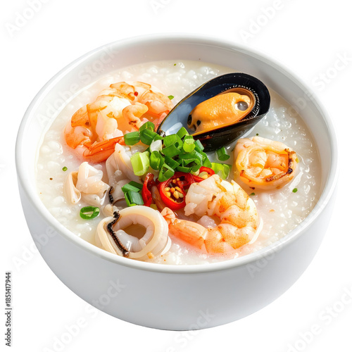 Delicious seafood congee, a nourishing chinese comfort food, isolated on white background for culinary and editorial content