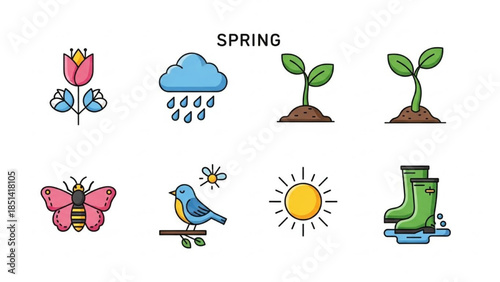 Charming set of p47.ai style vector icons illustrating the vibrant essence of the spring season