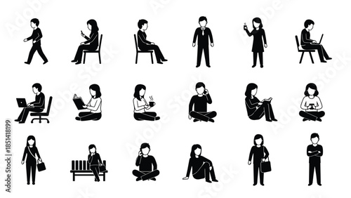 A set of black silhouette icons depicting various human activities with people sitting, standing, or engaging in actions on a plain white background.