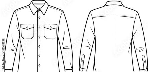 Men's shirt technical sketch, fashion flat drawing, garment design template, vector illustration, sewing pattern, apparel CAD construction, clothing detail layout