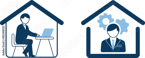 Remote work concept with professionals inside house icons representing home office, strategic thinking, digital productivity, and modern business lifestyle