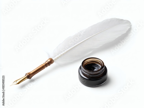 Vintage Desk with Feather Quill and Inkwell, Isolated on Pure White Background, Clean Edges, Sharp Focus, Minimalist Composition, Photorealistic Style