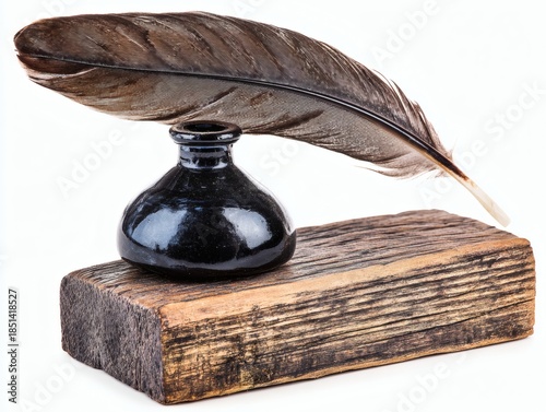 Vintage Desk with Feather Quill and Inkwell, Isolated on Pure White Background, Clean Edges, Sharp Focus, Minimalist Composition, Photorealistic Style