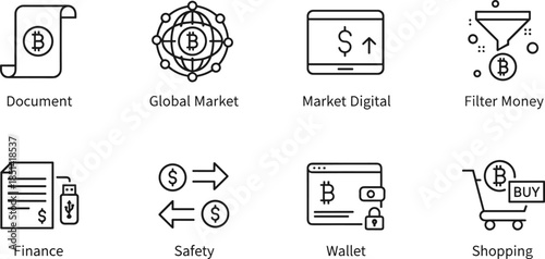 Eight minimalist line icons representing digital finance themes including crypto documents global markets safety protocols digital wallets and online shopping with Bitcoin payments.