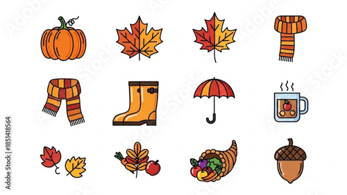 Vector illustration set depicting various autumn season elements and cozy fall essentials collection