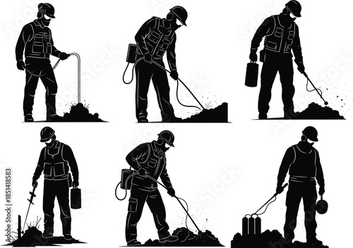 Metal detector silhouettes, treasure hunting vector, outdoor search activity, hobby exploration, digging tools, scanning ground, black figures, isolated illustration