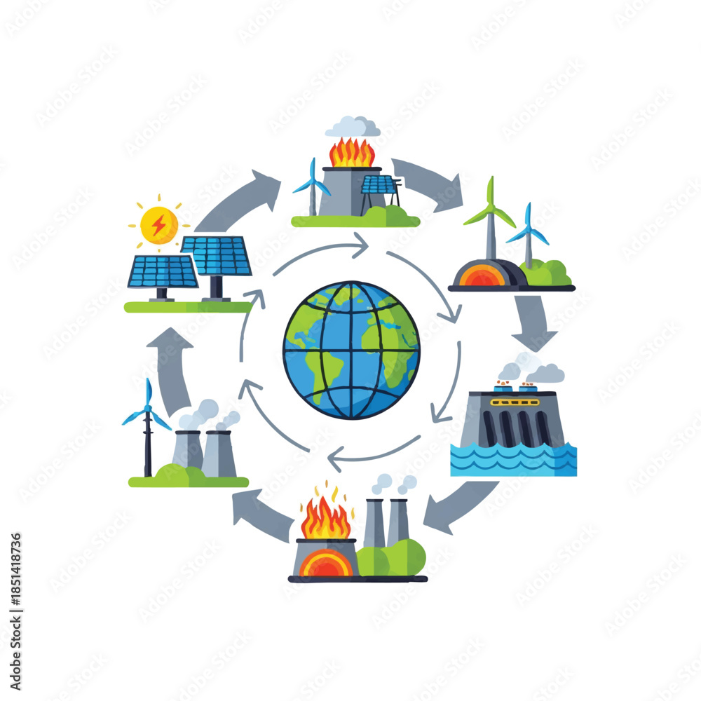 Naklejka premium Infographic illustration of Earth's energy cycle with renewable and non-renewable sources in a circular flow on a white background.