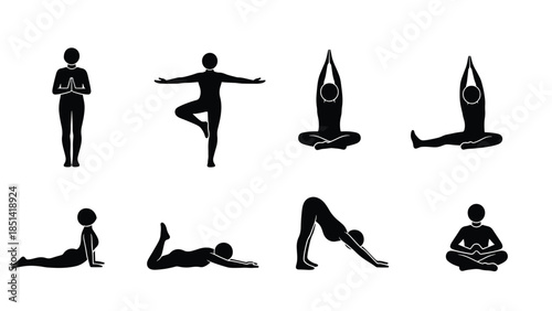 A set of black silhouettes depicting various yoga poses on a white background.