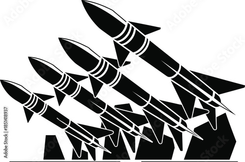 Military missiles on launchers, rocket weapons illustration, defense technology concept, war arsenal design, army force vector art for strategy, security, attack background