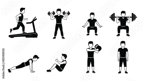 A set of black silhouette icons depicting various exercises at the gym with a white background.