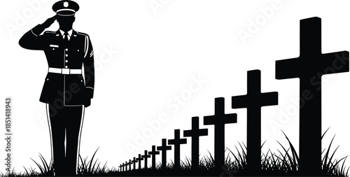 Military soldier salute silhouette vector illustration, standing near cemetery grave crosses and grass, honoring fallen heroes, memorial day, veteran's day, and patriotism concept on white background.