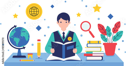 Student Studying at Desk with Books, Globe, Education Tools, Magnifying Glass, Plant, Creative Learning Concept for School and Knowledge