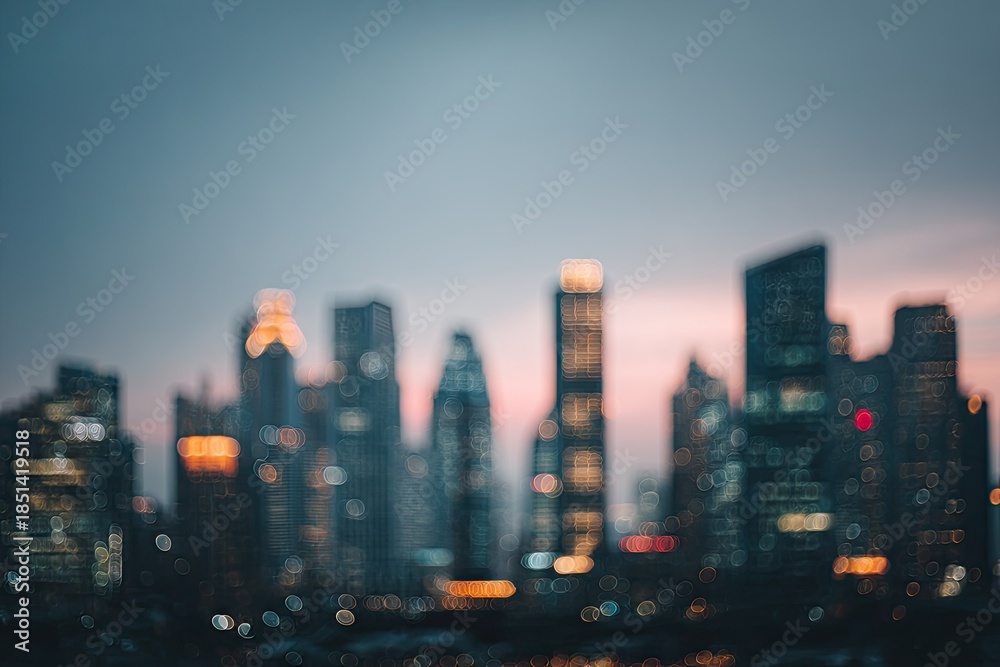Fototapeta premium Softly blurred cityscape at twilight with glowing windows
