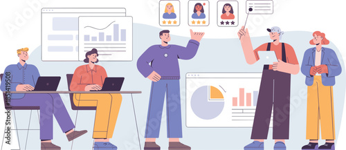Team evaluating candidate profiles with laptops, charts, ratings, and checklist icons in modern office setting, business decision vector illustration concept