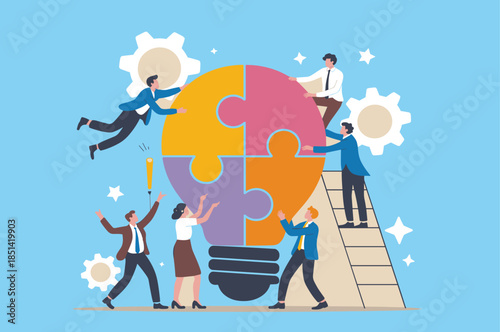 Teamwork assembling creative idea puzzle bulb with business people, innovation collaboration, problem solving, gears, ladder, floating concept illustration