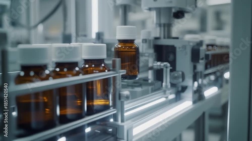 Medicine bottle inspection on automated factory line symbolizing precision quality control regulation trust safety and human oversight in modern pharmaceutical manufacturing