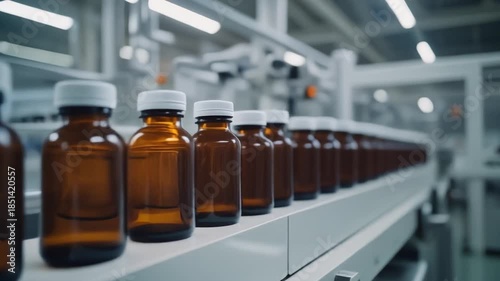 Medicine bottle inspection on automated factory line symbolizing precision quality control regulation trust safety and human oversight in modern pharmaceutical manufacturing