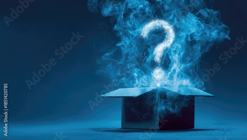 A glowing question mark emerges from an open box with ethereal blue smoke