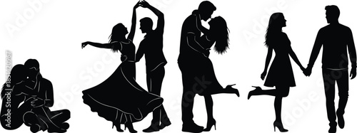 Romantic couple silhouette set, dancing and hugging lovers, affectionate relationship poses, love theme artwork, elegant partner illustration collection