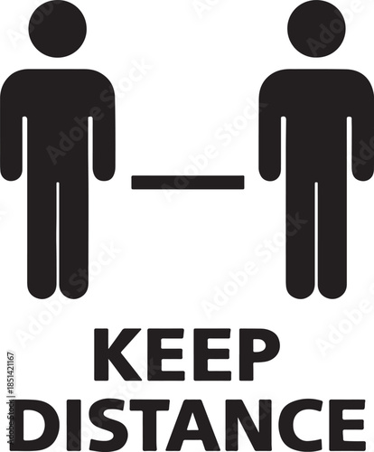Social distancing symbol featuring two figures and the text keep distance