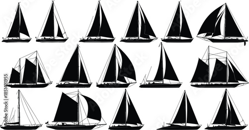 Sailboat silhouette collection, black and white vector, nautical vessel icons, sailing ship design, maritime illustration set, ocean transport art
