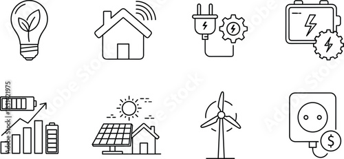 Renewable energy icons, eco electricity symbols, smart home power graphics, solar and wind elements, battery efficiency indicators, clean technology vector set