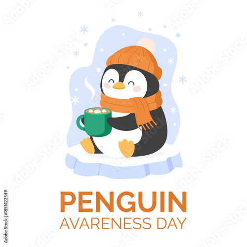 Cute penguin enjoying warm drink on ice celebrates Penguin Awareness Day mood, cozy winter scene highlighting Penguin Awareness Day message and inspiring wildlife care.