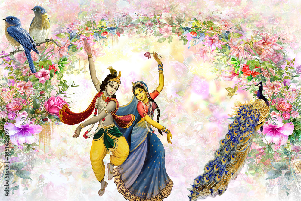 Fototapeta premium beautiful radha krishna withe peacock frame 