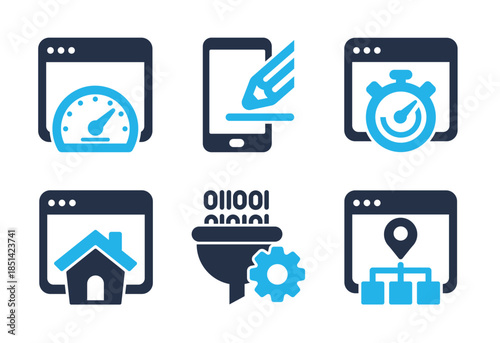 Internet Services and Data Optimization icon set. Solid glyph series icons