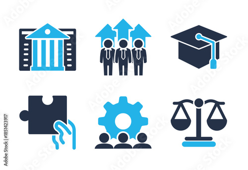 Education, Law, and Teamwork icon set. Solid glyph series icons