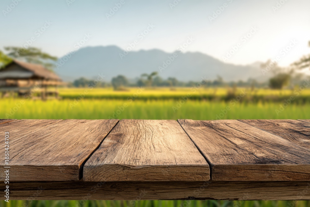 Fototapeta premium Wooden table top over blurred rural landscape