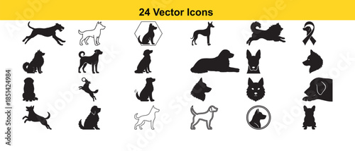 Collection of twenty four black silhouette vector icons depicting various animal shapes