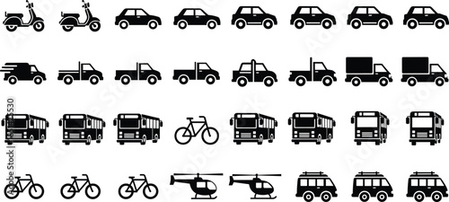 Black transportation icons set featuring scooters, cars, trucks, buses, bicycles, helicopters and vans for traffic, delivery, travel and mobility design