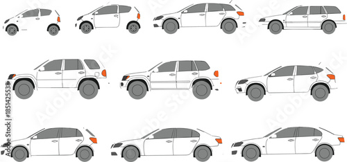 Car illustration vector set, compact cars, sedans, SUVs, crossover vehicles, modern side view drawings, white outline automotive design collection for transport graphics