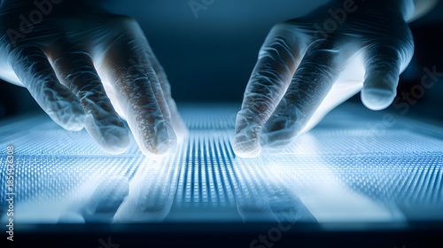 Hands interacting with a futuristic glowing digital interface.