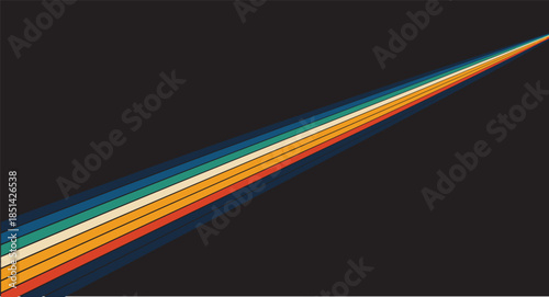 Abstract retro rainbow stripes background. Vector vintage 70s style diagonal lines on dark backdrop. Minimal geometric colorful design template for poster or wallpaper.