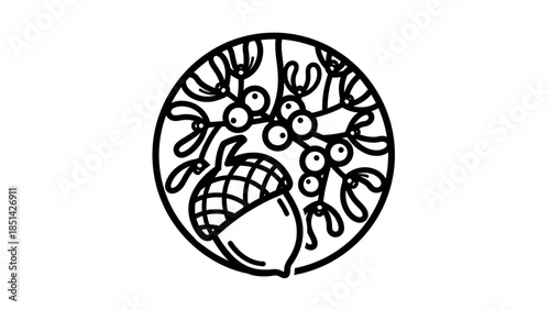 Black line drawing of a stylized fish on a coral reef within a circle on white.