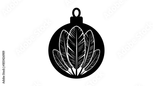 Black and white illustration of a Christmas ornament with feather design on a plain