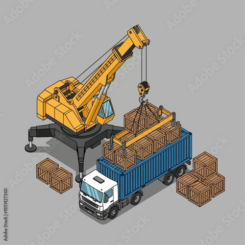 Isometric illustration of a yellow crane loading wooden crates onto a blue container truck, depicting logistics and shipping.