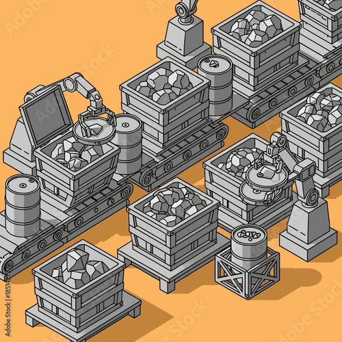 Isometric illustration of an automated factory with robotic arms, conveyor belts, and crates filled with raw materials.