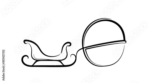 Minimalist line art of a sleigh pulled by a crescent moon on a white background.