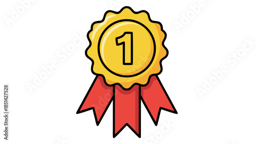Gold Medal with Number 1 and Red Ribbons - Vector Icon