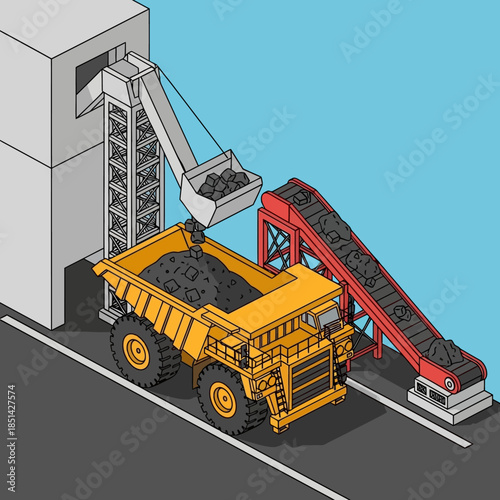 Isometric illustration of a large yellow dump truck being loaded with coal from a chute at an industrial facility with a conveyor belt.