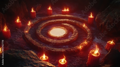 Mystical Ritual Circle Illuminated by Flickering Candles in Dark Cave